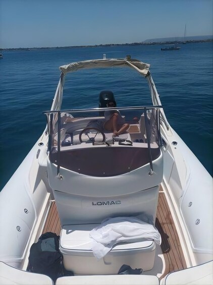 A boat with a canopy, a person seated at the helm, and calm water in the background. 2