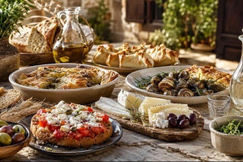 A variety of Mediterranean dishes, including a pizza with tomatoes and cheese, a dish with mushrooms, and a bowl of olives. 2