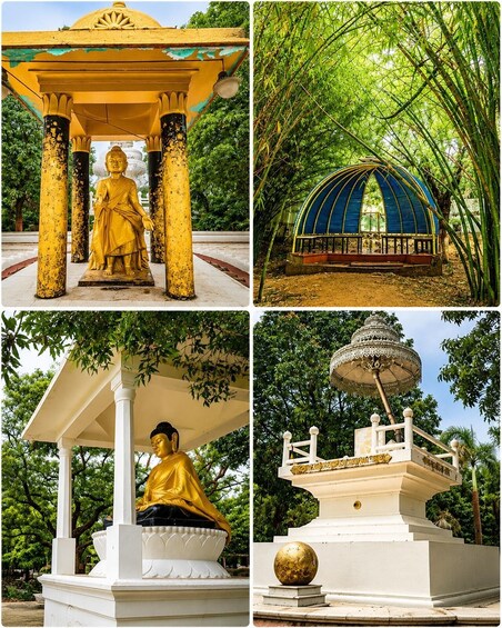 Golden Buddha statues under shelters, a blue-domed structure, and a white pavilion with a golden sphere. 2