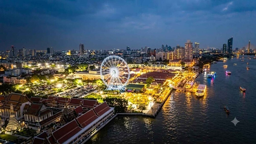 A cityscape at night with a prominent Ferris wheel, illuminated buildings, and a river with boats. 4