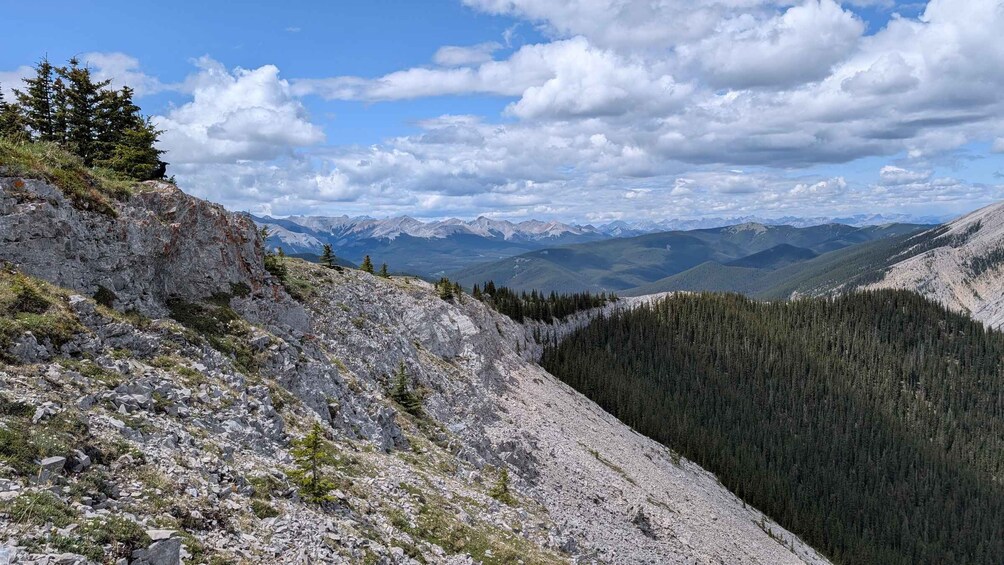 A rocky mountain ridge with sparse vegetation and a forested valley below. 5