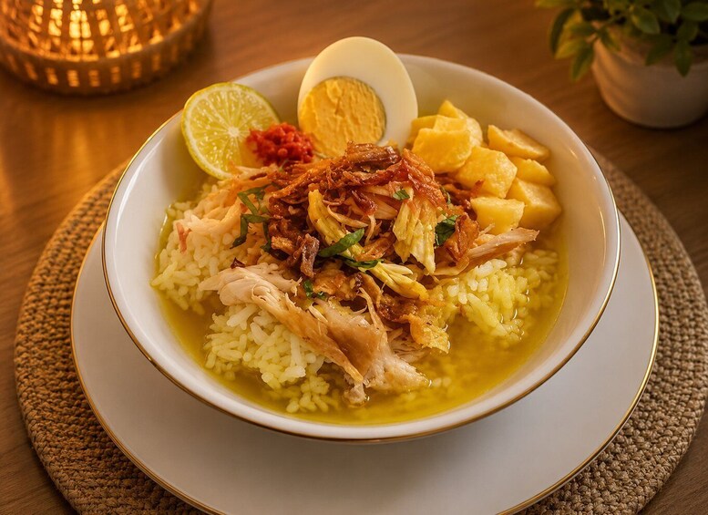 A bowl of rice with chicken, egg, and fried shallots on a woven mat. 3