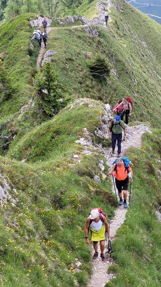 Hikers ascending a grassy mountain trail with rocky outcrops and sparse vegetation. 2