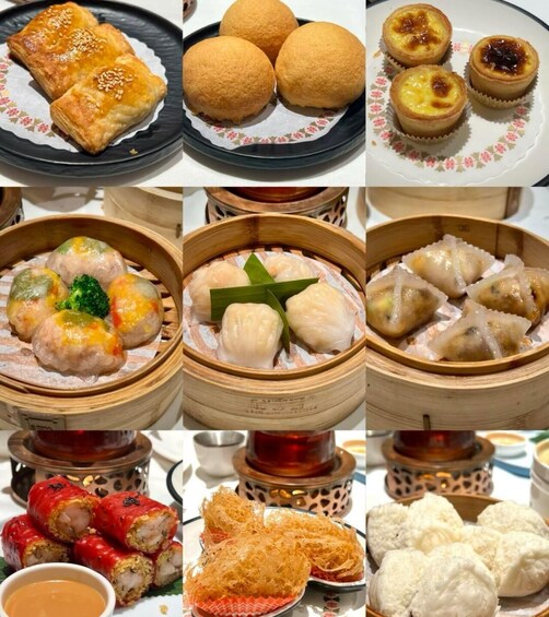 A variety of Asian street food, including pastries, dumplings, and spring rolls. 4