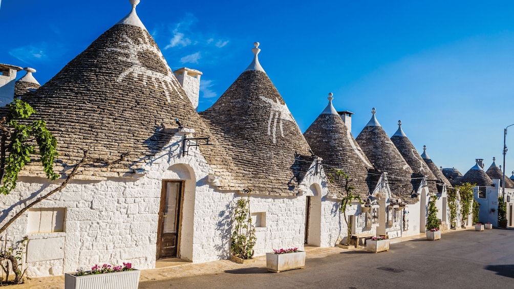 A row of traditional stone houses with conical roofs, white walls, and potted plants. 1