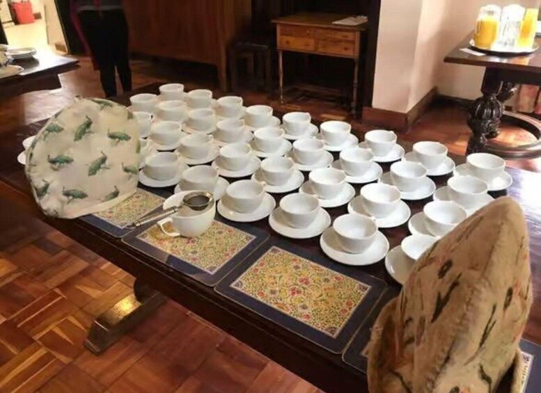 A table with multiple white cups and saucers, some with tea sets, arranged on a patterned tablecloth. 2