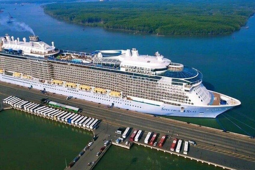 A large cruise ship docked at a port with a forested island in the background. 1