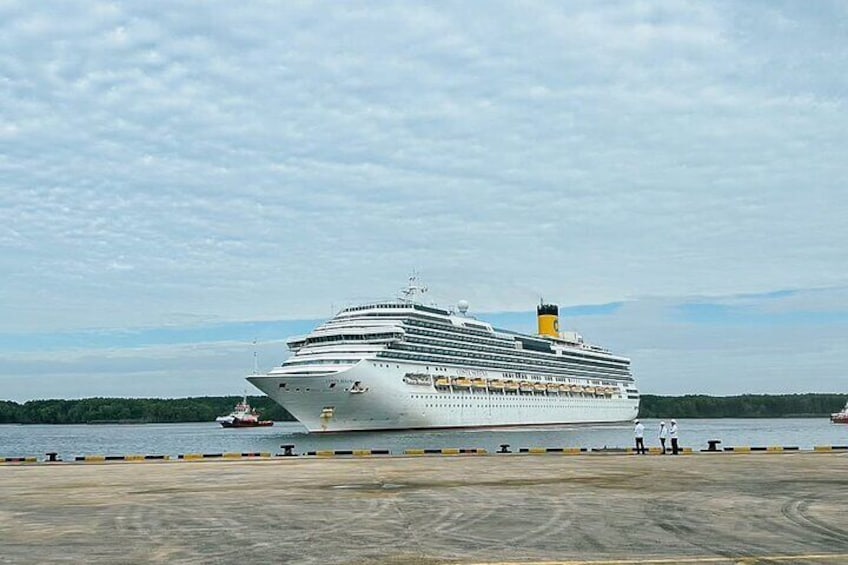 A large cruise ship docked at a port with a clear sky and calm sea in the background. 1