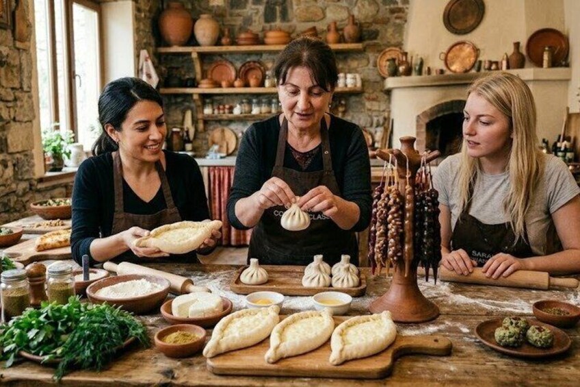 Three people making bread in a rustic kitchen with a wood-fired oven and pottery in the background. 2