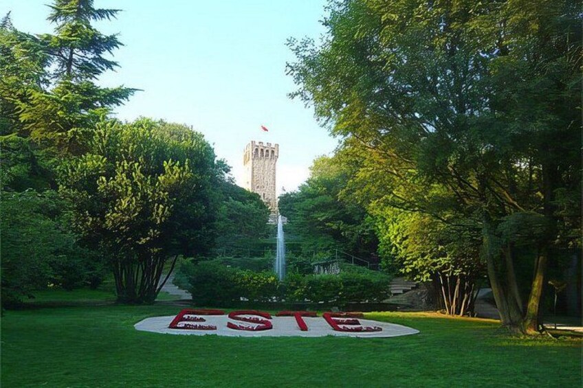 A park with a circular flower bed, a fountain, and a tower in the distance. 4