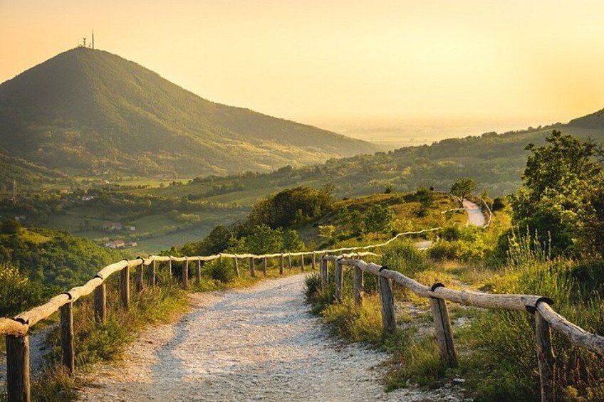 A gravel path with a wooden fence, a mountain, and a valley. 1