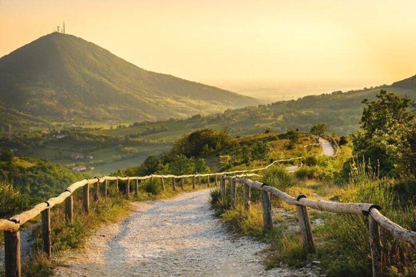 A gravel path with a wooden fence, a mountain, and a valley. 1