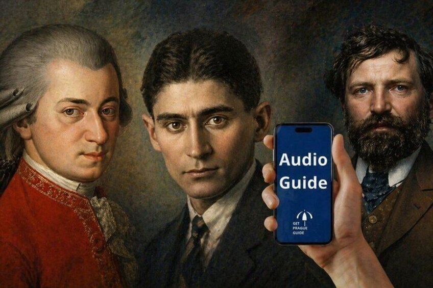 A person holding a smartphone with an 'Audio Guide' app. 1
