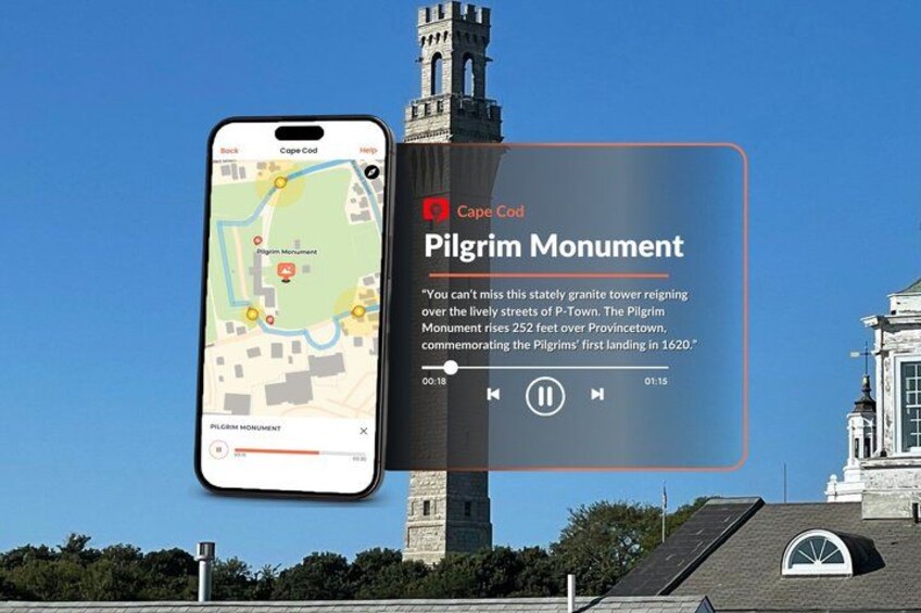 A smartphone displaying a map with a location marker for the Pilgrim Monument, a granite tower in P-Town, with a description of its history. 5