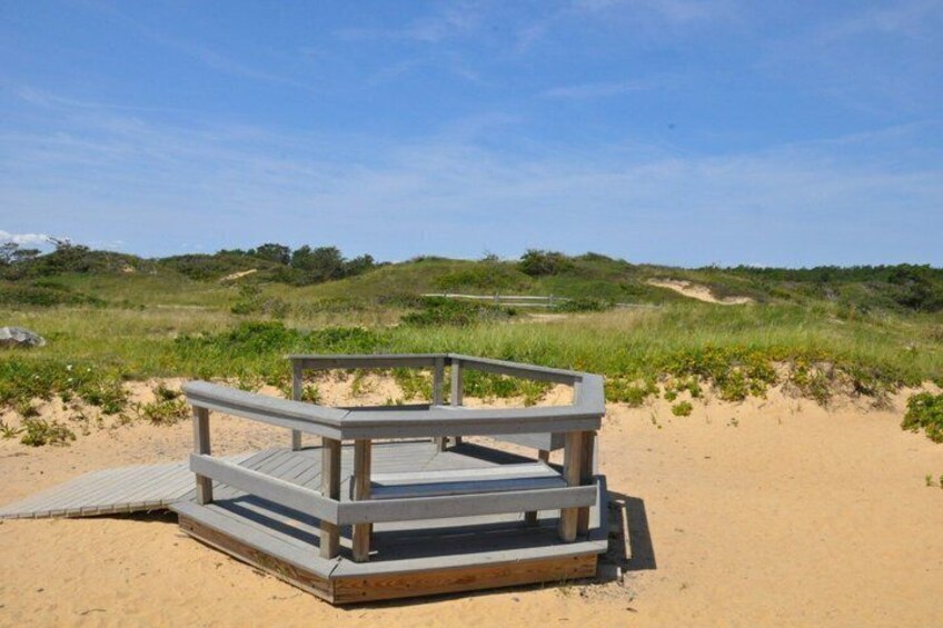 A wooden viewing platform on a sandy beach with dunes in the background. 5