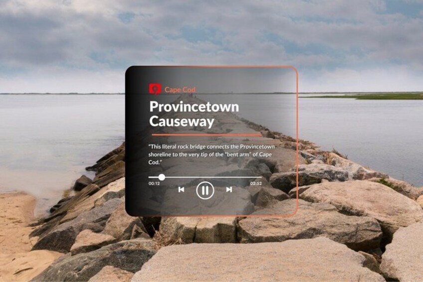 A rocky shoreline with a play button overlay indicating a video about Cape Cod's Provincetown Causeway. 2
