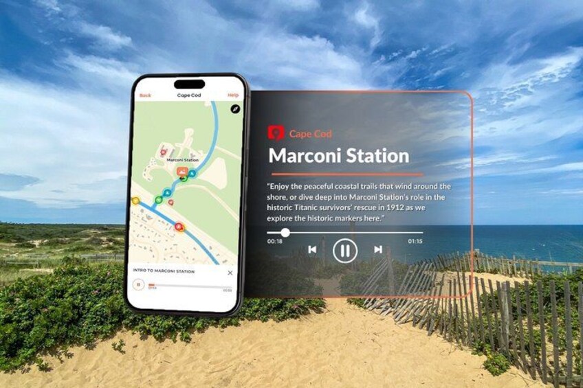 A smartphone displaying a map with a location marker for Marconi Station, a coastal area with a sandy beach and wooden fence. 4
