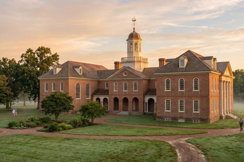 A large brick building with a tower, surrounded by a well-maintained lawn and trees. 5