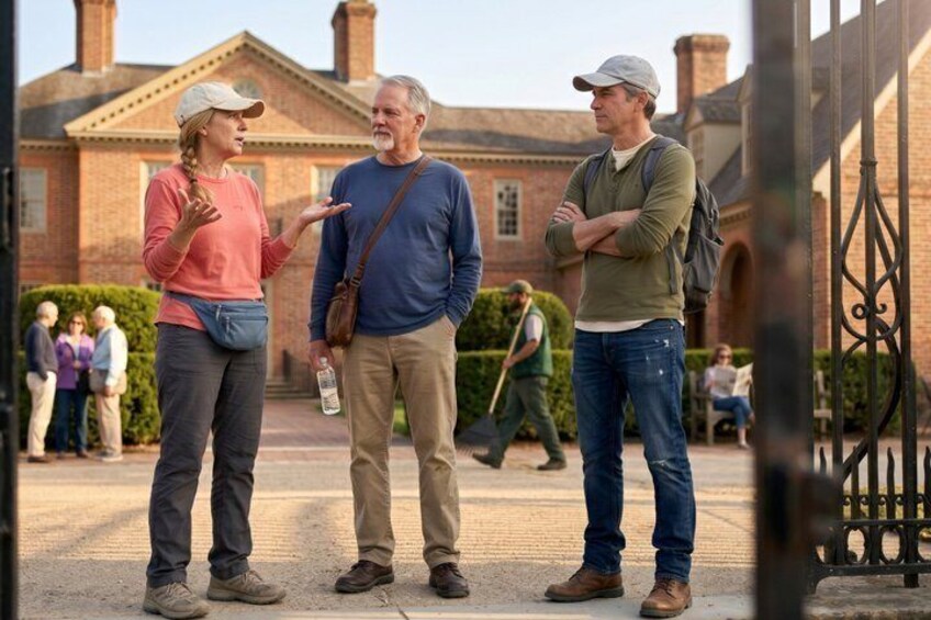 Three people standing in a courtyard with a brick building in the background. 4