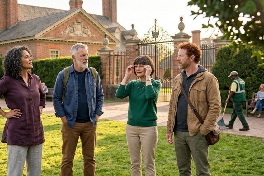Four people standing on a grassy area with a brick building and a wrought iron gate in the background. 1