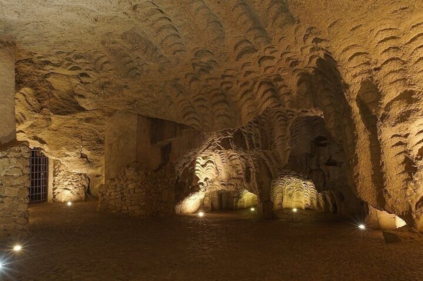 An underground cave with stalactites and stalagmites, dim lighting, and a metal gate. 3