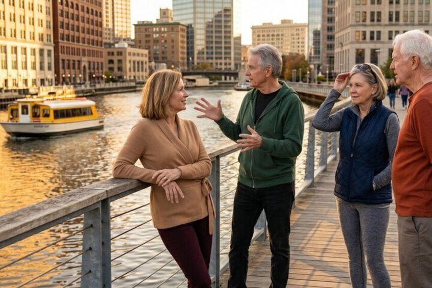 A group of people on a waterfront promenade with a river and buildings in the background. 3