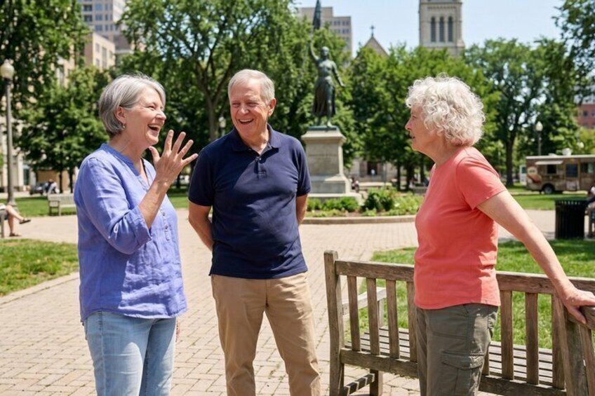 Three people conversing in a park with a statue and buildings in the background. 2