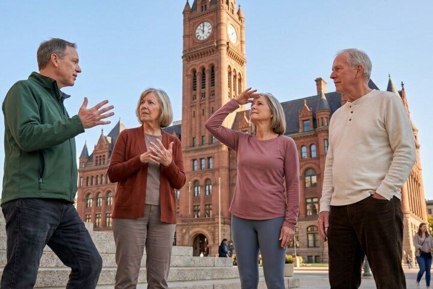 A group of people standing in front of a historic building with a clock tower. 4