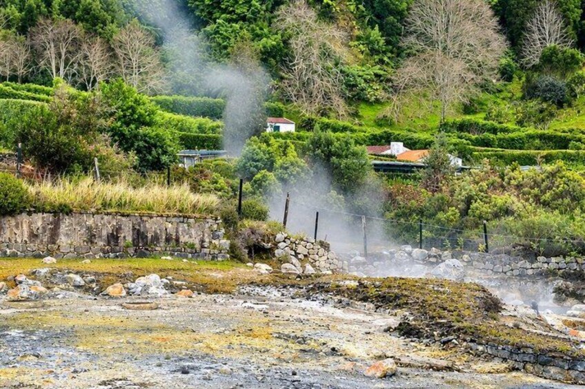 A geothermal area with steam rising, surrounded by lush greenery and a stone wall. 4