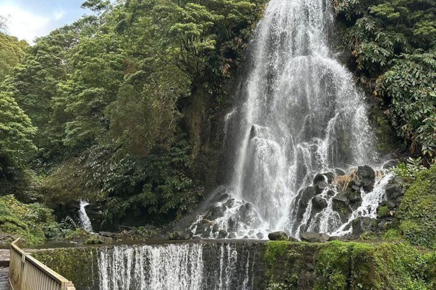 A waterfall cascading over rocks into a pool, surrounded by lush greenery. 1