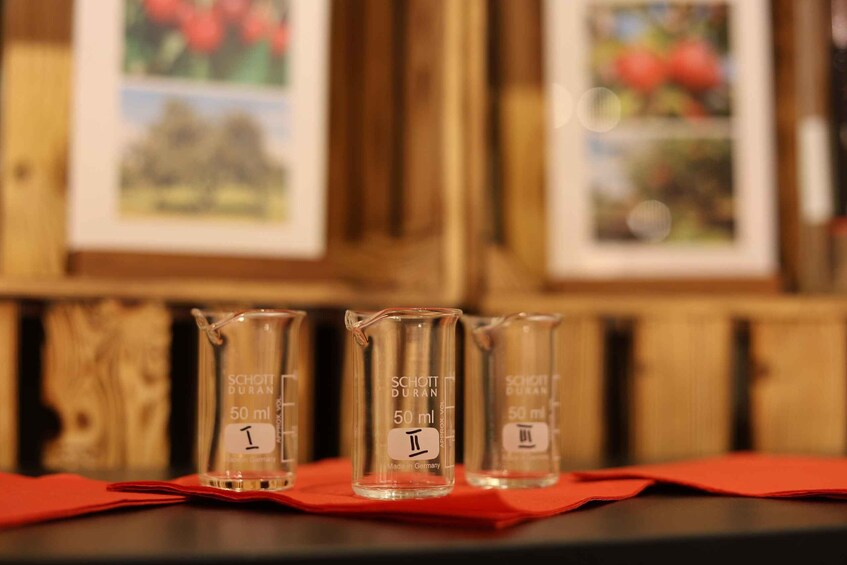 Three SCHOTT DURAN 50 ml beakers on a table with red napkins. 2