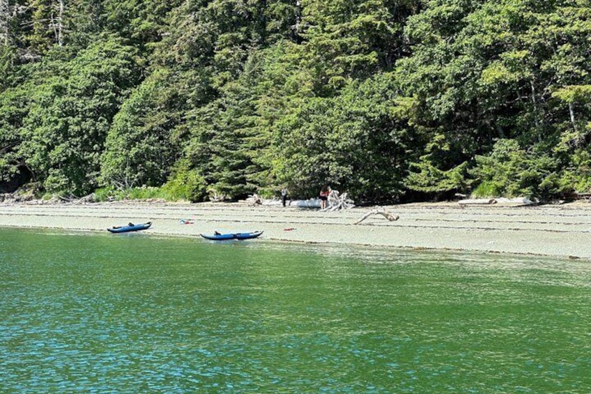 A calm lake with two blue boats on the shore, surrounded by dense green forest. 2