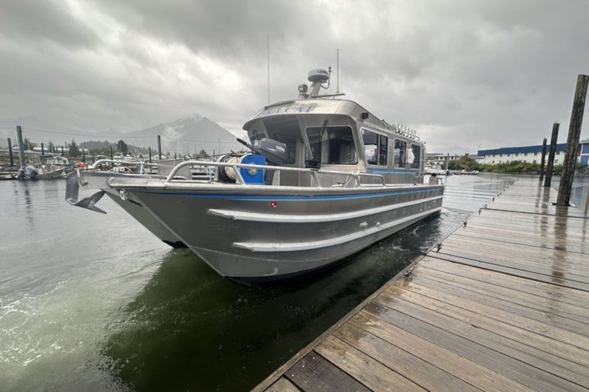 A boat docked at a wooden pier with a cloudy sky and a mountain in the background. 1
