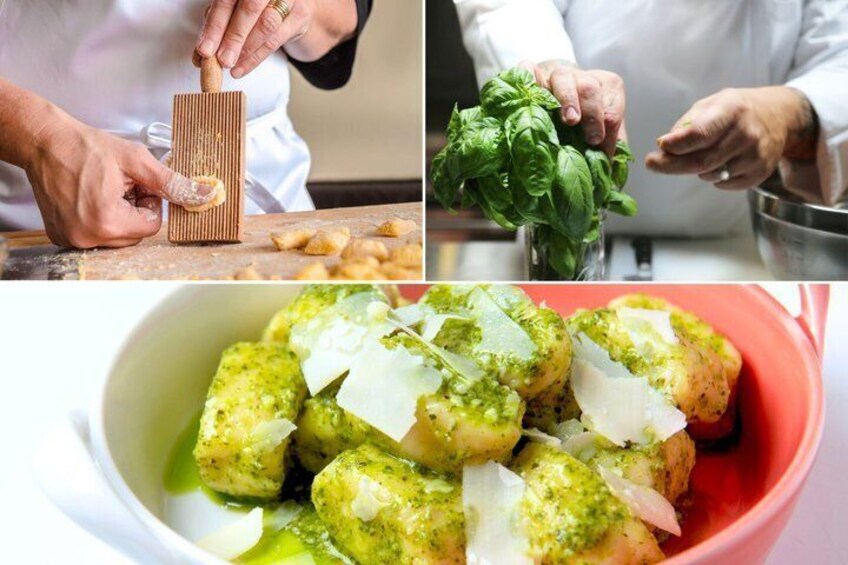 A person grating cheese, a bowl of cheese balls, and a person chopping basil. 1