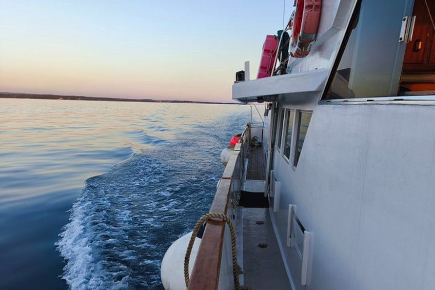 A boat's wake in calm waters, a rope tied to the deck, and a horizon line. 2