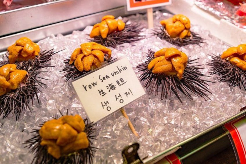 A display of sea urchin roe on ice with a sign indicating the product. 3
