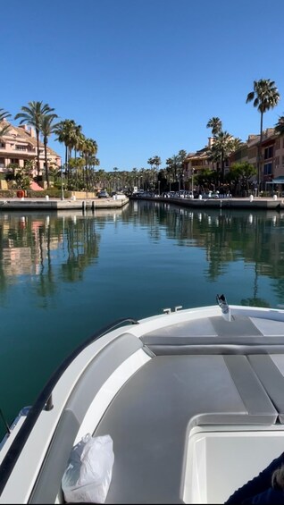 A boat on calm water with reflections of palm trees and buildings. 5