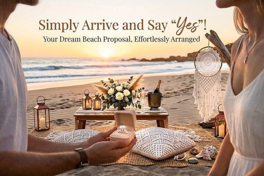 A beach setting with a couple, a ring box, and a dreamcatcher. 2
