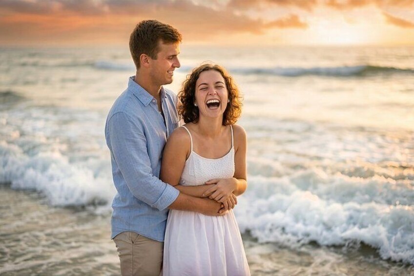 A couple embracing on a beach with waves in the background. 3