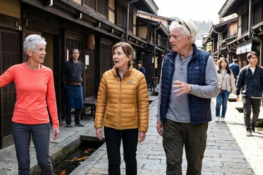 A narrow street with traditional wooden buildings, a small water channel, and people walking. 5