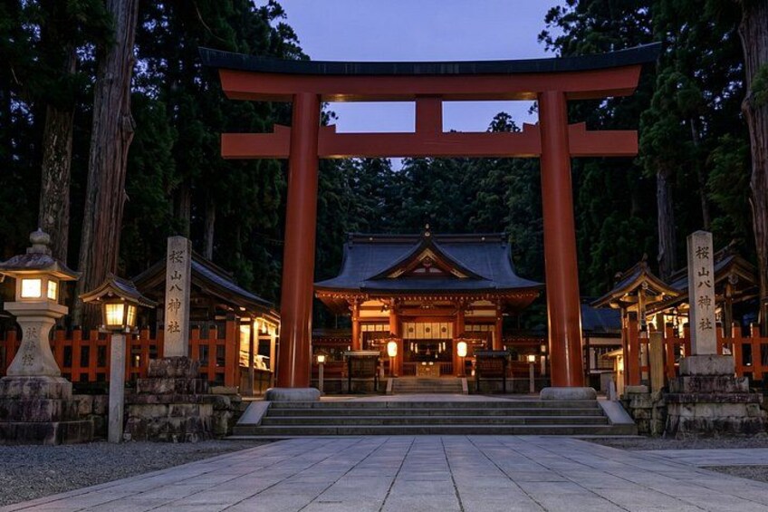 A traditional Japanese torii gate leading to a temple with a pagoda-style roof. 4