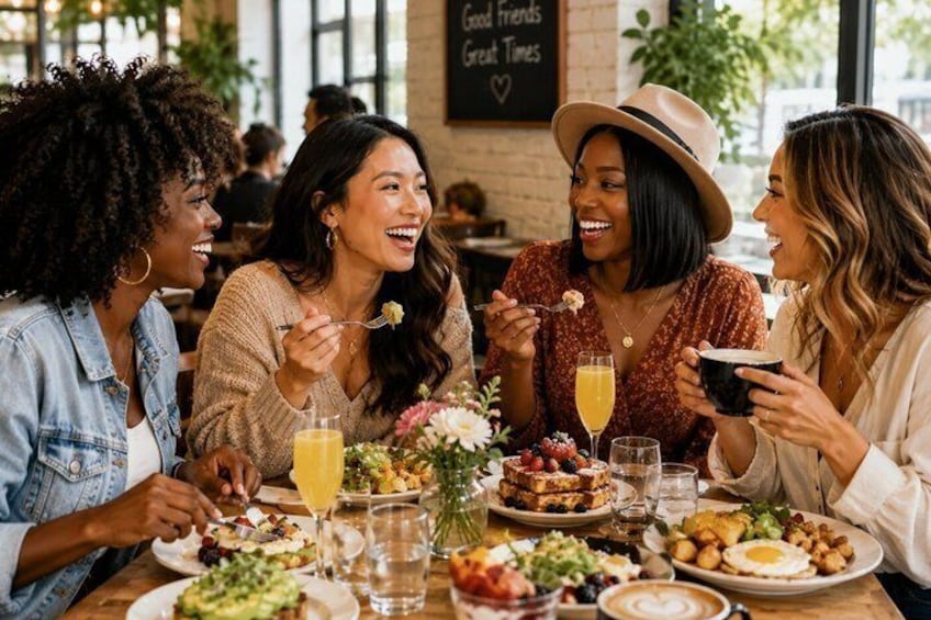 A group of people dining at a restaurant with a variety of dishes and drinks on the table. 1