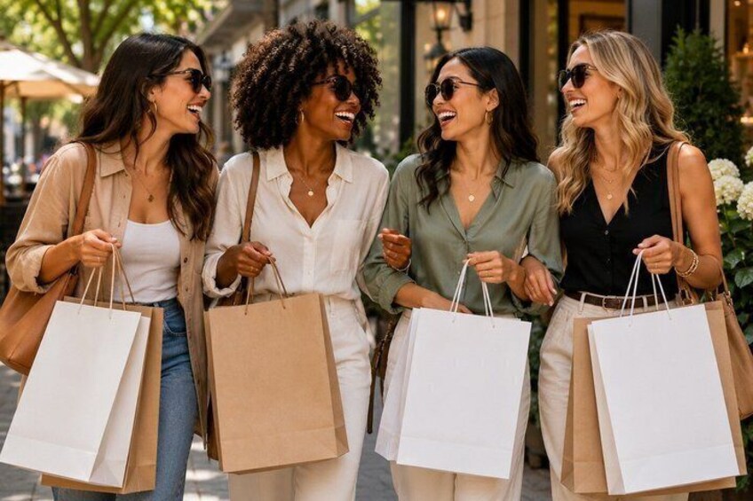 Four women walking on a street, each carrying shopping bags. 2