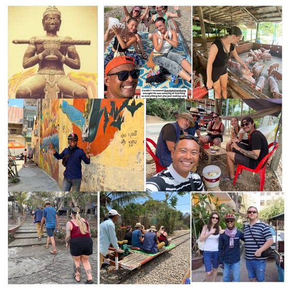 A statue, a mural, a person holding a balloon, a pig farm, a person in a hammock, a person in a hat, a person in a striped shirt, a person in a red dress, a person in a blue shirt, a person in a white hat, and a person in a striped shirt walking. 1