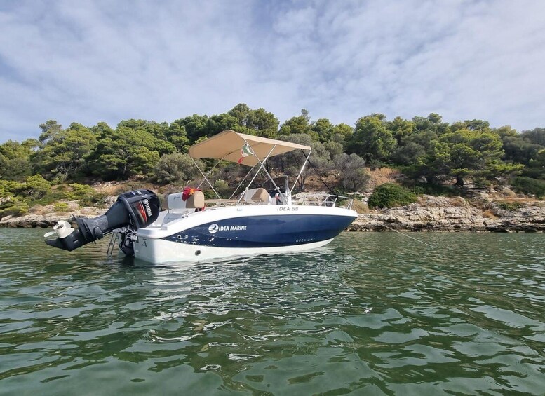 A boat named 'IDEA 58' with a canopy, motor, and 'IDEA MARINE' branding, docked near a rocky shoreline with trees. 1