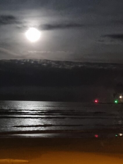 A moonlit beach with calm waves and distant lights. 2