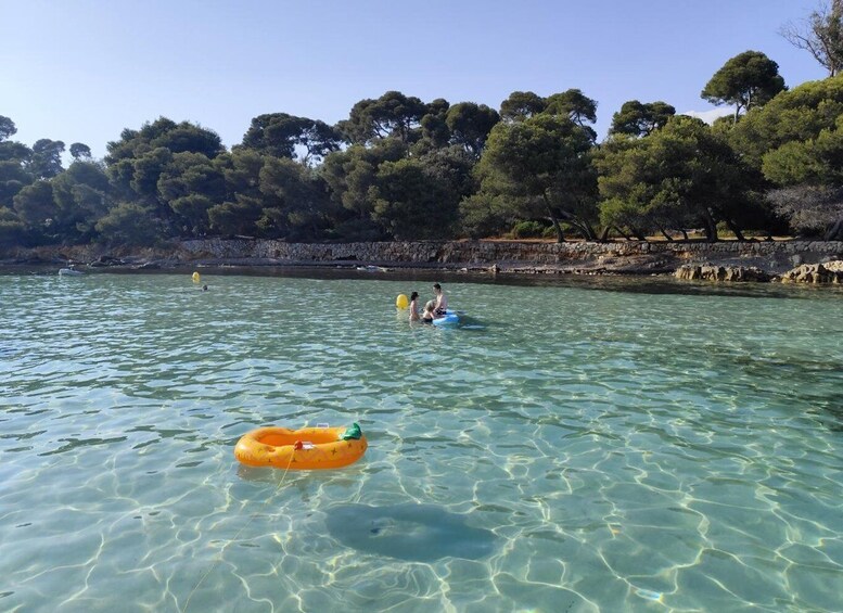 A clear lake with people floating on inflatable rings, surrounded by trees and a stone wall. 5
