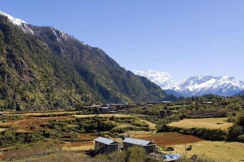 A mountainous landscape with snow-capped peaks, a village with traditional houses, and a river. 3