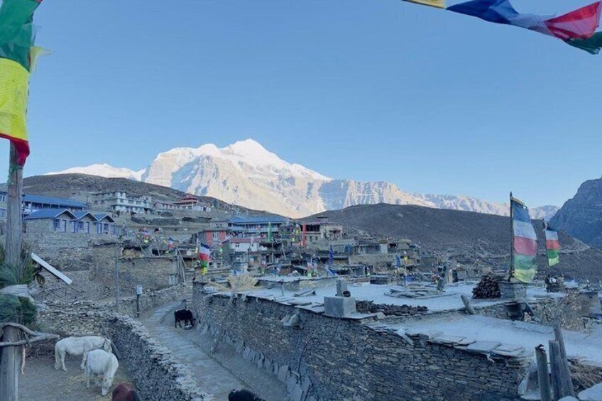 A mountainous village with buildings, a snow-covered path, and flags. 1