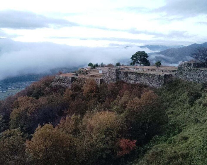 A stone wall with trees in autumn colors, a lone tree, and mist-covered mountains in the background. 2